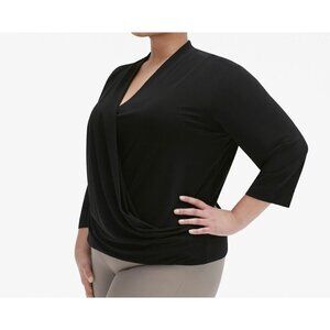 M.M. LaFleur Deneuve 3.0 Blouse mock wrap top 3/4 Sleeve Crepe Black Size XL